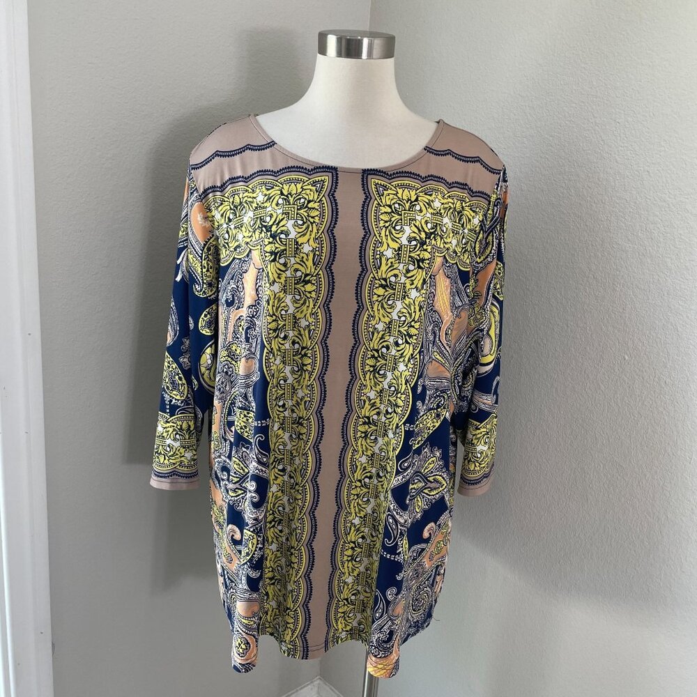 Bob‎ Mackie Wearable Art Womens Tunic Top Plus 2X Paisley Boarder Print Stretch
